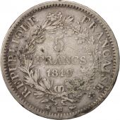 France, Hercule, 5 Francs, 1849, Strasbourg, TB+, Argent, KM:756.2, Gadoury:683